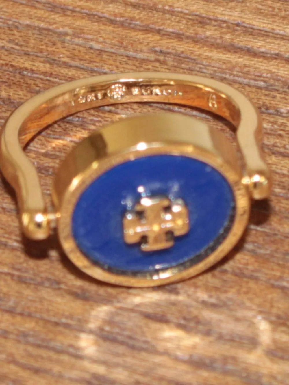 Tory Burch Reversible Blue Gold Logo Ring Size 6 NWT